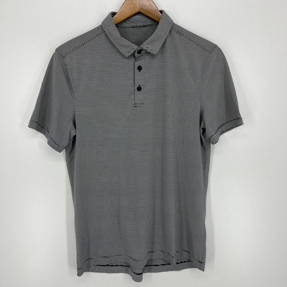 Lululemon Mens Evolution Polo Shirt Black White Micro Stripe Short Sleeve Size S